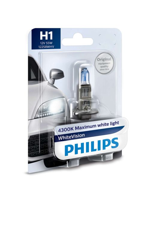 Галогеновая лампа PHILIPS 12258WHVB1 H1 55W 12V  P14,5s WhiteVision +60% (4300K) 