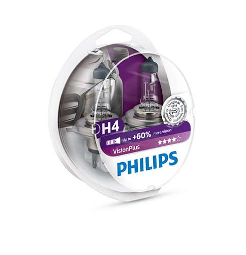 Комплект галогеновых ламп PHILIPS 12342VPS2 H4 60/55W 12V P43t VisionPlus +60%