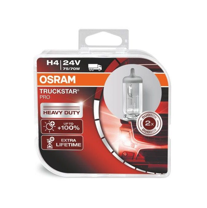 Комплект галогеновых ламп Osram 64196TSP TruckStar Pro +100% H4 75/70W 24V P43T 10X2 HardDuopet