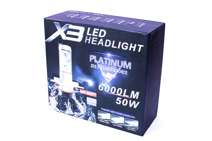 Комплект LED ламп AllLight X3 H7 50W 6000K 6000lm с радиатором и светофильтрами (3000K/8000K)