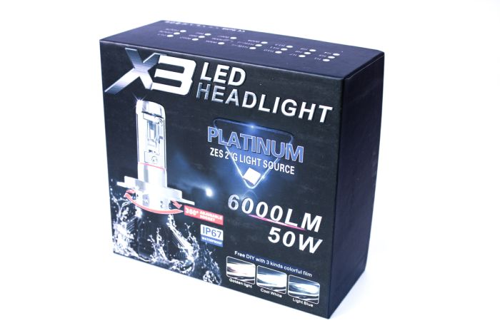 Комплект LED ламп AllLight X3 HB3 50W 6000K 6000lm с радиатором и светофильтрами (3000K/8000K)