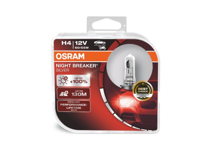 Комплект галогеновых ламп Osram 64193NBS Night Breaker Silver +100 H4 60/55W 12V P43t HardDuopet