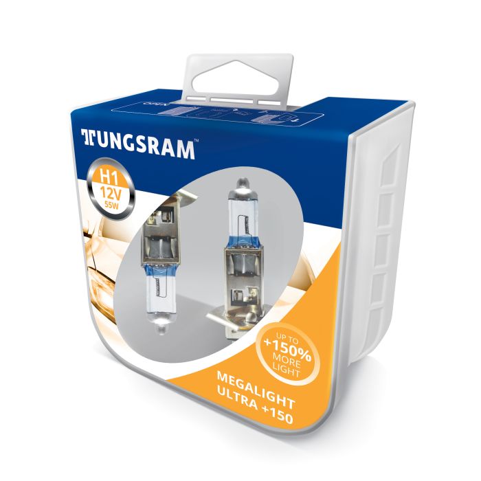 Комплект галогеновых ламп Tungsram H1 55W 12V (2 шт./пластикбокс) Megalight Ultra +150%