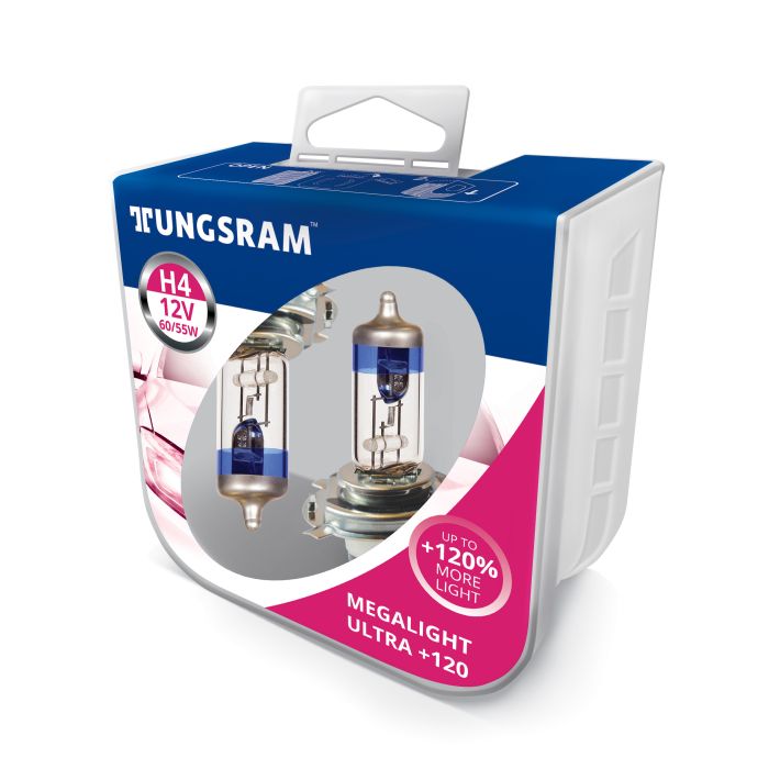 Комплект галогеновых ламп Tungsram H4 60/55W 12V (2 шт./пластикбокс) Megalight Ultra +120%