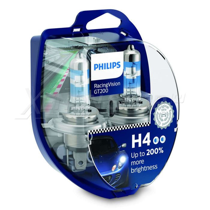 Комплект галогеновых ламп PHILIPS 12342RGTS2 H4 60/55W 12V P43T RacingVision GT200 +200%