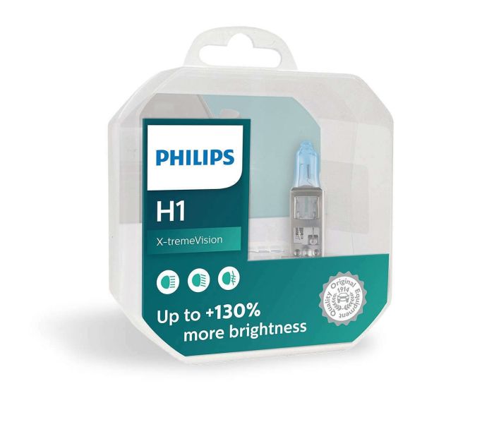 Комплект галогеновых ламп PHILIPS 12258XVS2+E2 H1 55W 12V P14,5s X-treme Vision +130%