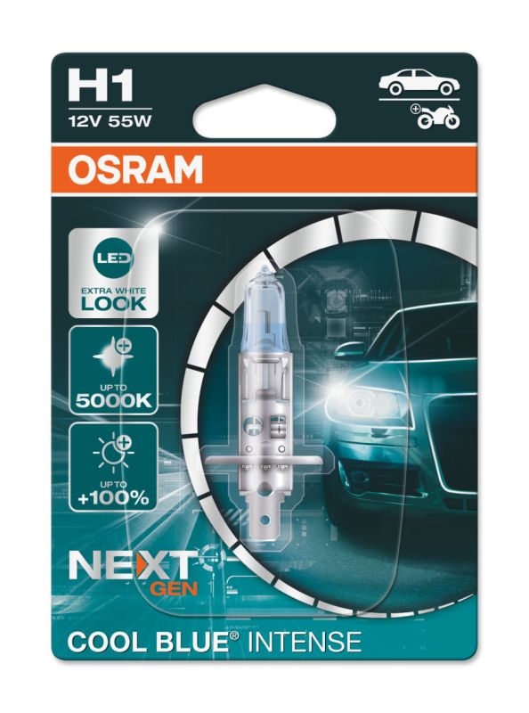 Галогеновая лампа Osram H1 12V 55W P14.5s Cool Blue Intense Next Gen +100% 1 лампа (64150CBN-01B)