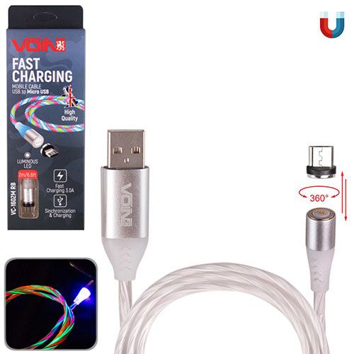 Кабель магнітний Multicolor LED VOIN USB - Micro USB 3А, 2m, (швидка зарядка / передача даних) (VC-1602M RB)