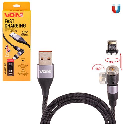 Кабель магнітний шарнірний VOIN USB - Lightning 3А, 2m, black (швидка зарядка / передача даних) (VL-6602L BK)