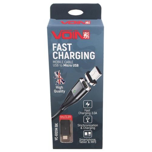 Кабель магнітний VOIN USB - Micro USB 3А, 1m, black (швидка зарядка / передача даних) (VC-6101M BK)