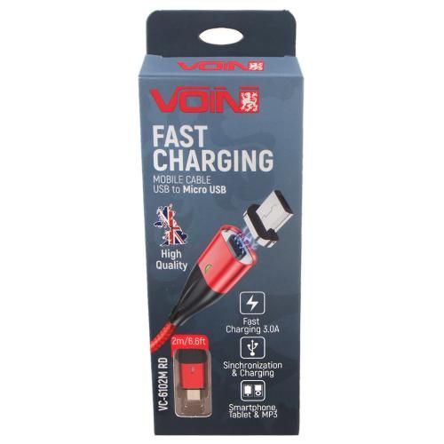Кабель магнітний VOIN USB - Micro USB 3А, 2m, red (швидка зарядка / передача даних) (VC-6102M RD)