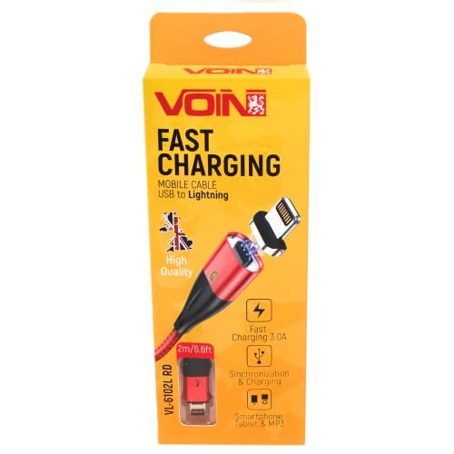 Кабель магнітний VOIN USB - Lightning 3А, 2m, red (швидка зарядка / передача даних) (VL-6102L RD)