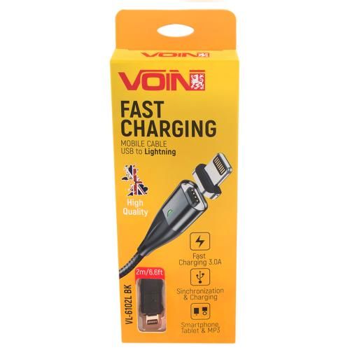 Кабель магнітний VOIN USB - Lightning 3А, 2m, black (швидка зарядка / передача даних) (VL-6102L BK)