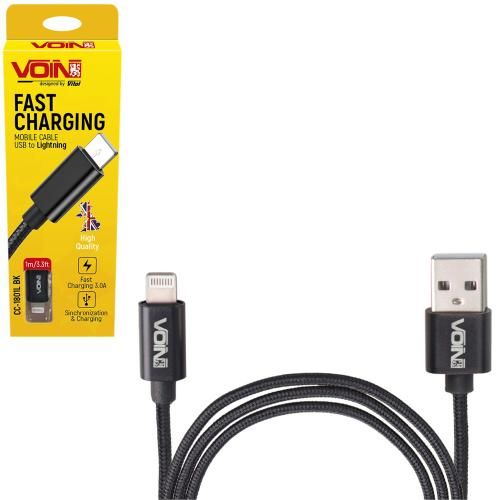 Кабель VOIN USB - Lightning 3А, 1m, black (швидка зарядка/передача даних) (CC-1801L BK)
