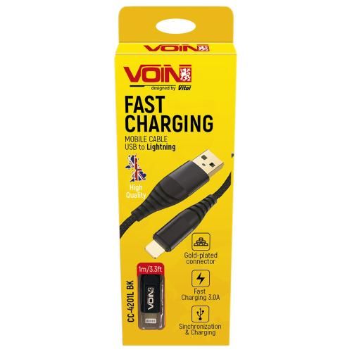 Кабель VOIN CC-4201L BK USB - Lightning 3А, 1m, black (швидка зарядка/передача даних) (CC-4201L BK)