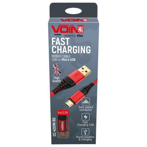 Кабель VOIN CC-4201M RD USB - Micro USB 3А, 1m, red (швидка зарядка/передача даних) (CC-4201M RD)