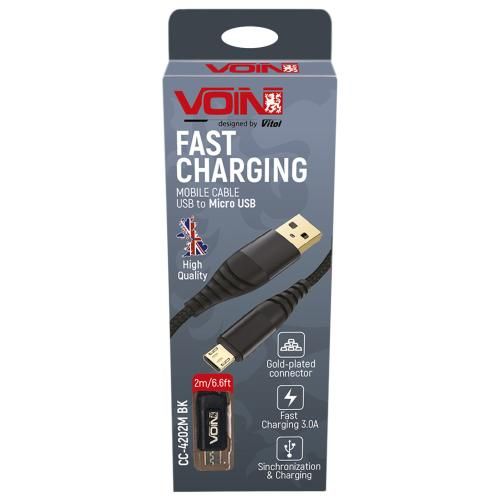 Кабель VOIN CC-4202M BK USB - Micro USB 3А, 2m, black (швидка зарядка/передача даних) (CC-4202M BK)