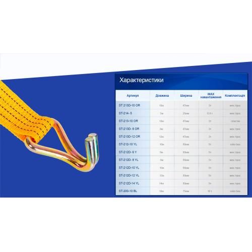 Ремінь стяжний 5т ST-212D-10 YL 50мм х 10м (мех./трос) (ST 212D-10 YL)
