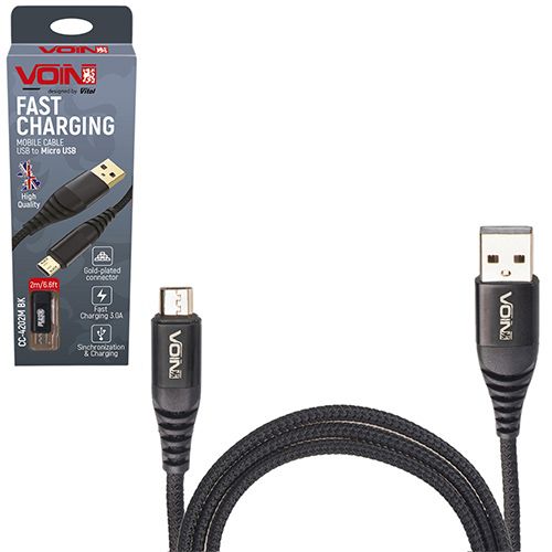 Кабель VOIN USB - Micro USB 3А, 1m, black (швидка зарядка/передача даних) (CC-4201M BK)