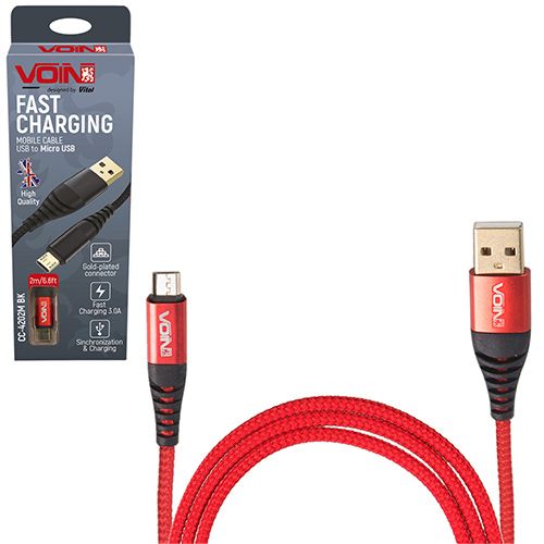 Кабель VOIN USB - Micro USB 3А, 2m, red (швидка зарядка/передача даних) (CC-4202M RD)