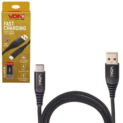 Кабель VOIN USB - Type C 3А, 1m, black (швидка зарядка/передача даних) (CC-4201C BK)