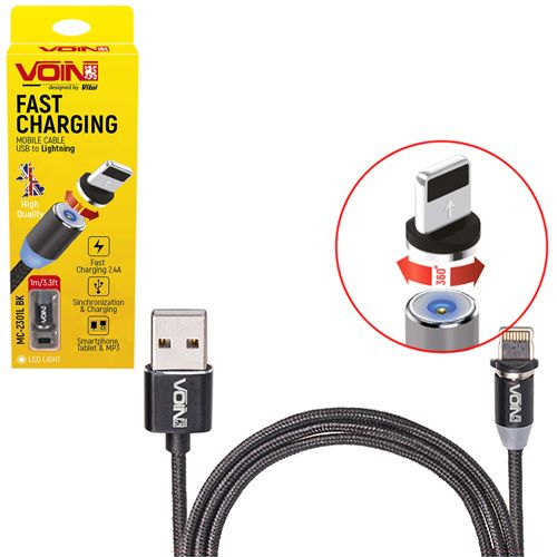 Кабель магнітний VOIN USB - Lightning 2,4А, 1m, black (тільки зарядка) (MC-2301L BK)