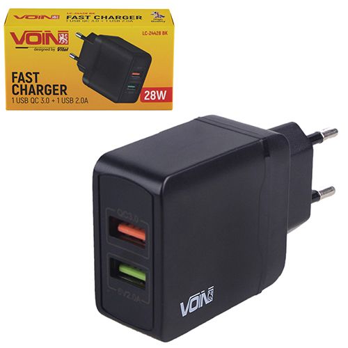 Мережевий зарядний пристрій VOIN 28W, 2 USB, QC3.0 (Port 1-5V*3A/9V*2A/12V*1.5A. Port 2-5V2A) (LC-24428 BK)