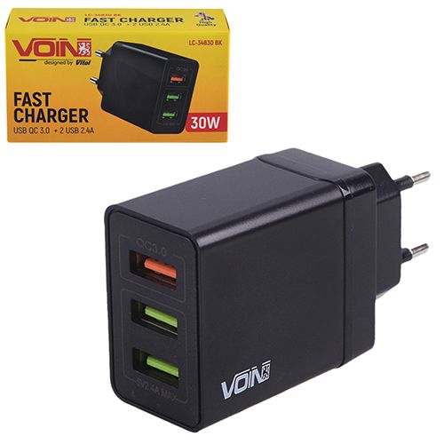 Мережевий зарядний пристрій VOIN 30W, 3 USB, QC3.0 (Port 1-5V*3A/9V*2A/12V*1.5A. Port 2/3-5V2.4A) (LC-34830 BK)