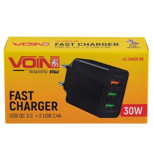 Мережевий зарядний пристрій VOIN 30W, 3 USB, QC3.0 (Port 1-5V*3A/9V*2A/12V*1.5A. Port 2/3-5V2.4A) (LC-34830 BK)