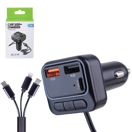 Модулятор FM 5в1 C36 12-24v 2USB 5V-3.1A Type C 5V-3.1A 3in1 charging cable BT5.0 RGB-ambient light (C36)