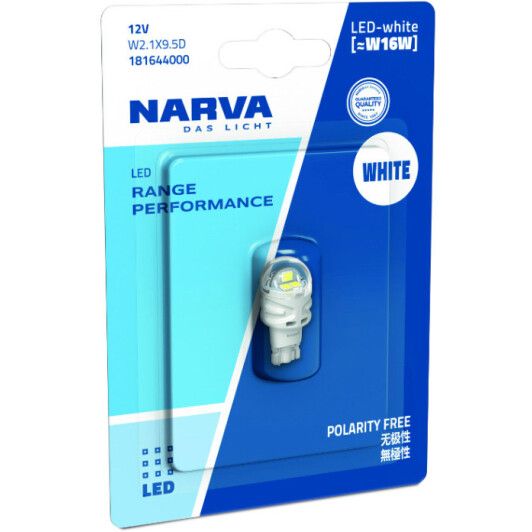 Світлодіодна лампа Narva 18164B1 W16W T15 LED Range Performance 12V W2.1X9.5d WHITE 6000K (1 шт)