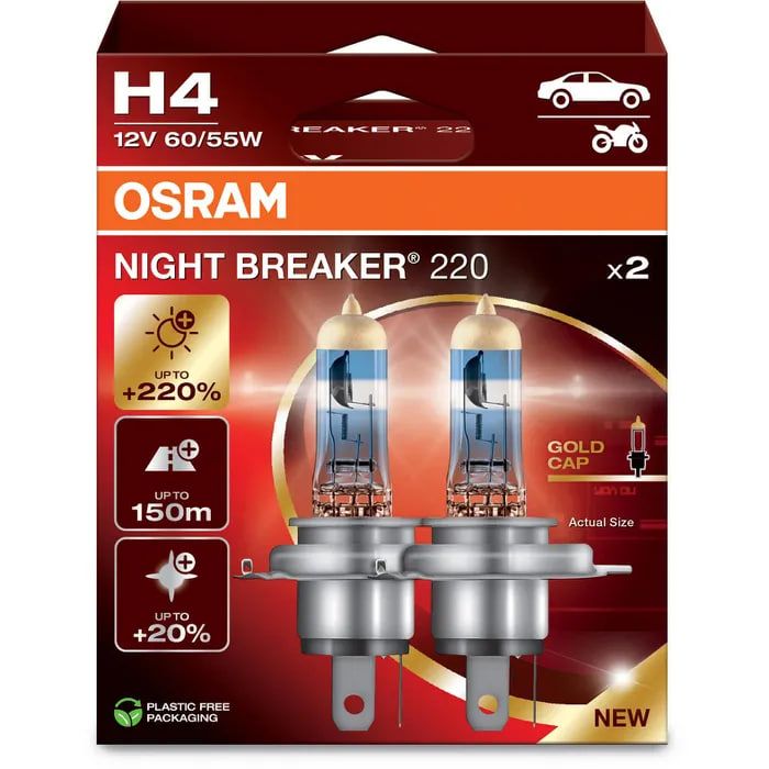 Комплект галогенових ламп Osram 64193NB220-2HB H4 Night Breaker +220% 60/55W 12V P43T (2 шт)